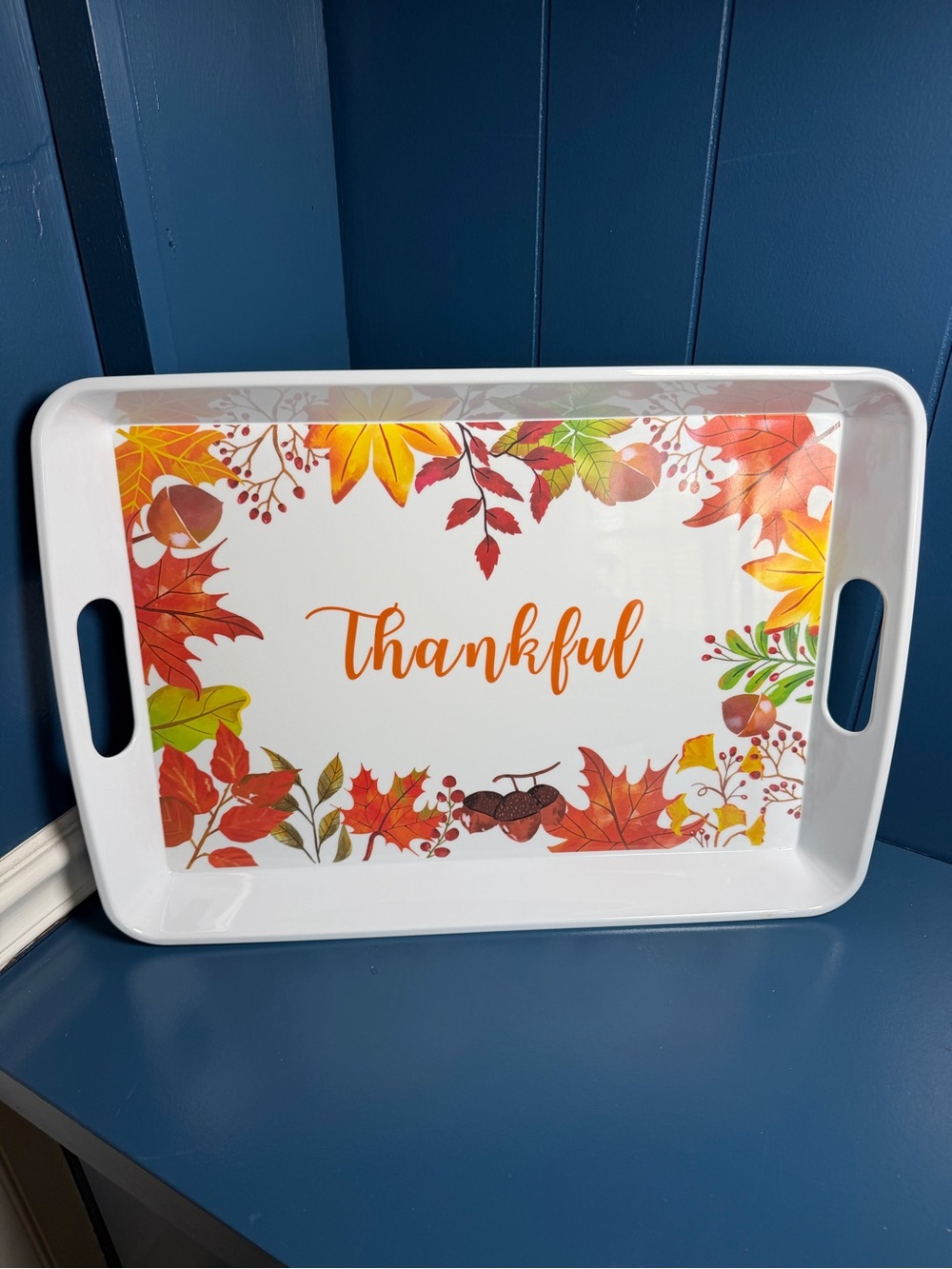 Thankful Autumn Leaf Serving Tray - White with Orange & Red Accents